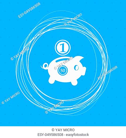 Piggy bank and dollar coin icon on a blue background with abstract circles around and place for your text. illustration