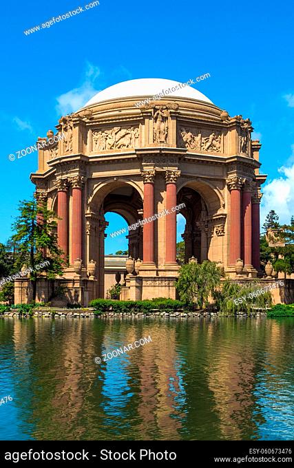 Palace of Fine Arts San Francisco California. Palace of fine arts in San Francisco with reflection in water. Vertical shot