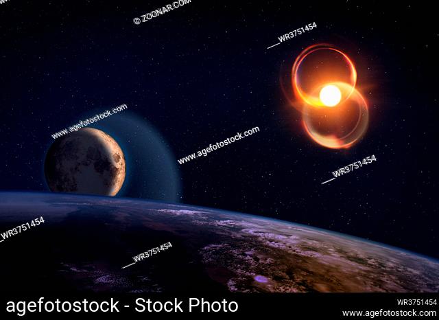Fantasy composition of the planet Earth and his natural satellite, the Moon, with a shiny Sun on a starry sky. Elements of this image furnished by NASA