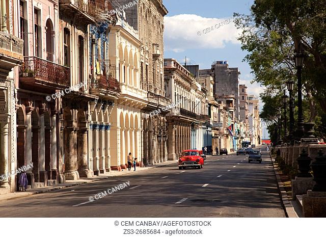 Street scene from the Paseo del Prado in Centre Havana, La Habana, Cuba, West Indies, Central America