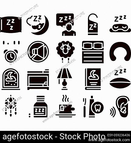 Sleeping Time Devices Glyph Set Vector Thin Line. Sleeping Human Silhouette, Pillow And Bed, Clock And Book, Moon And Cup Of Tea Glyph Pictograms Black...