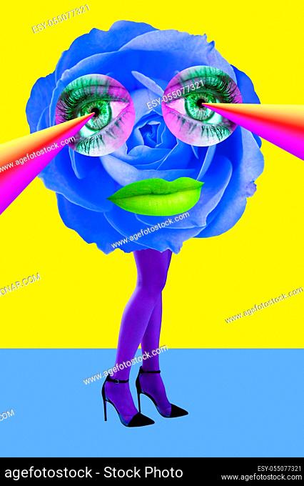 Rose bud, eyes and women's beautiful legs in acid color tights and high heels shoes on a colorful background. Funny surreal modern art collage in magazine style