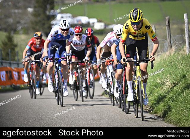 Belgian Tiesj Benoot (R) of Jumbo-Visma pictured in action during the men elite 'Amstel Gold Race' one day cycling race, 254, 1 km from Maastricht to Valkenburg