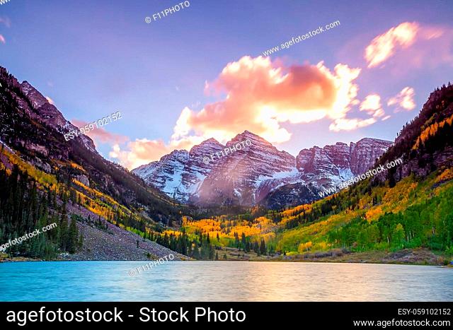 Landscape photo of Maroon bell in Aspen Colorado autumn season, United States at sunset