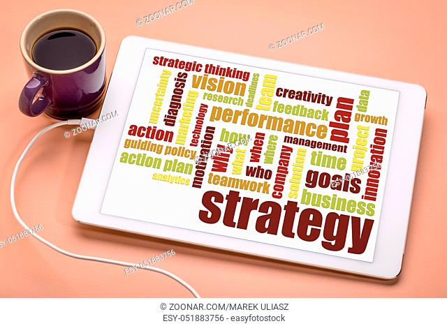 business strategy word cloud on a digital tablet with cup of coffee