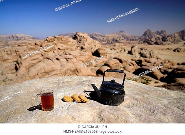Jordan, Wadi Rum desert, protected area listed as World Heritage by UNESCO, tea break at the top of mount Jebel Burdah