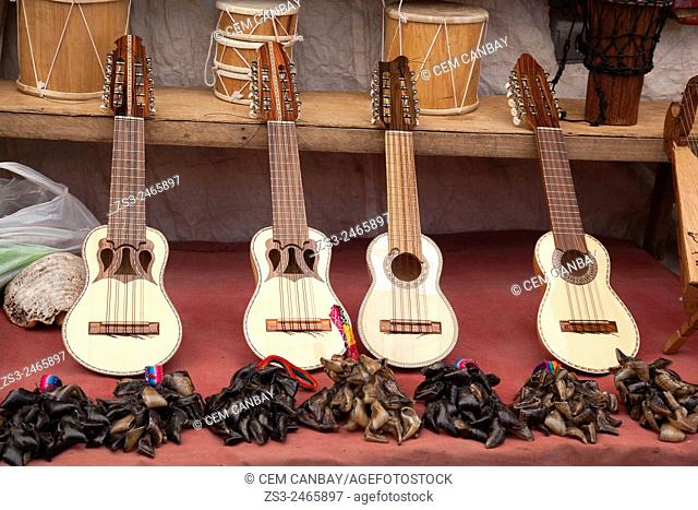 Andean instruments charangos, for sale at the market, Pisaq, Sacred Valley, Cuzco region, Peru, South America