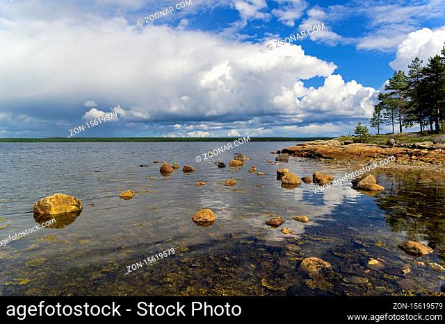 The littoral zone at hight tide. The shore of the White Sea. Kandalaksha Gulf, Karelia, Russia, end of June
