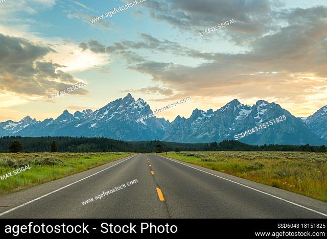 Driving road in Wyoming overlooking tetons