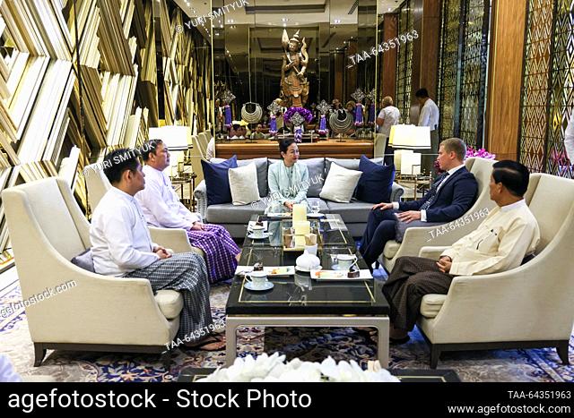 MYANMAR, YANGON - OCTOBER 30, 2023: Myanmar's Union Minister for Hotels and Tourism Thet Thet Khine (C) attends a B2B meeting for travel companies of Russia and...
