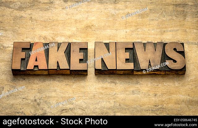 fake news word abstract in vintage letterpress wood type against grunge paper, social media and infodemic concept