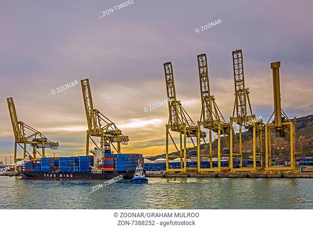 Dockside Cranes and Container Ship Barcelona Spain