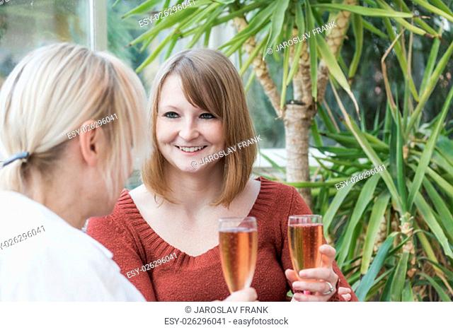 Young redhead woman is talking with blonde middle aged woman sitting in the conservatory. Both women are holding a glass of champagne in their hands