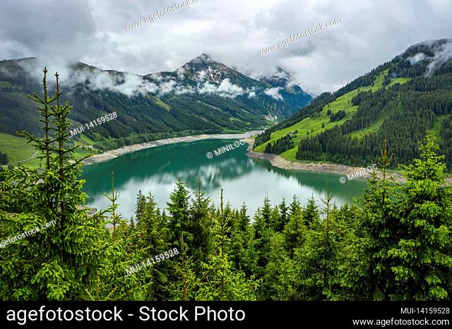 schlegeis stausee lake view from mountain hiking path trail. zillertal, austria, europe