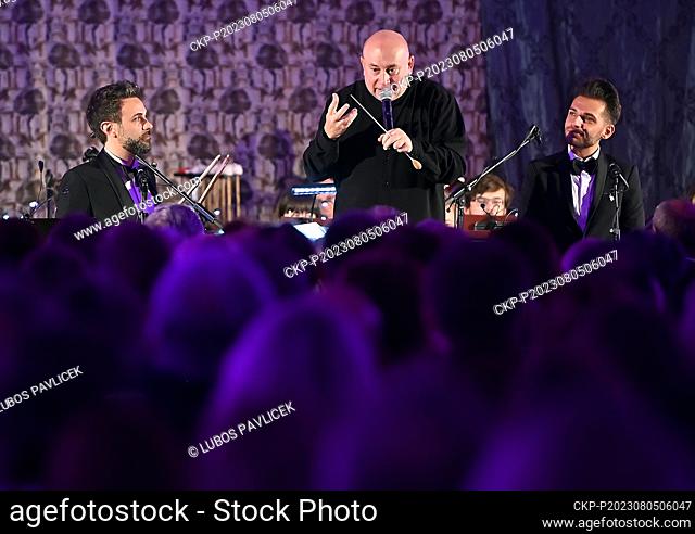 From left tenor Ugo Tarquini, Christo Pavlov - conductor of Moravian Philharmonic Orchestra Olomouc and tenor Federico Parisi perform during the opening gala...