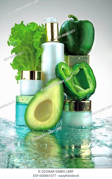 Cosmetic bottles and veggies