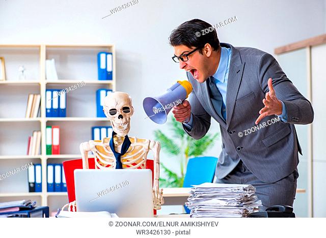 Angry boss yelling at his skeleton employee