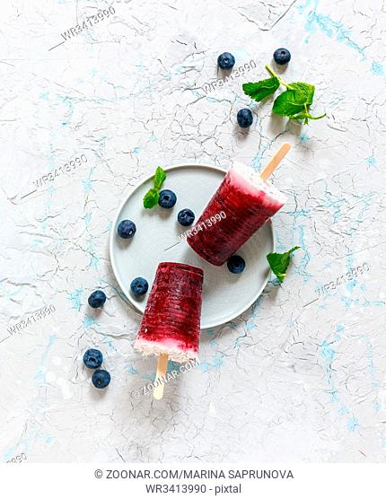 Coconut popsicles with fresh berry and green mint on white plate. Top view