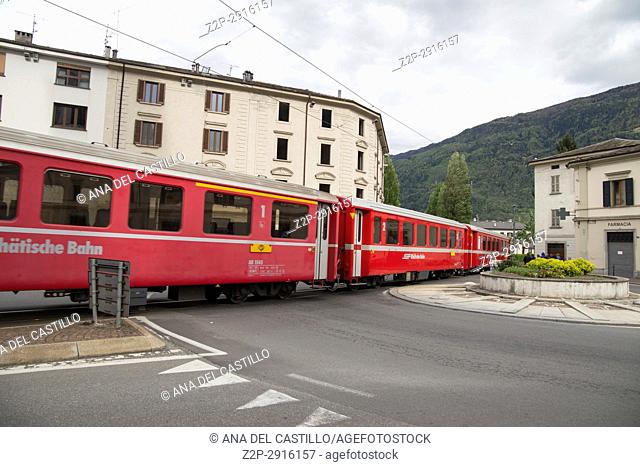 Cityscape in the old town of Tirano Valletellina Italy on April 16, 2017. Departure of the Bernina express train