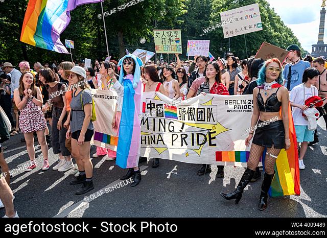 Berlin, Germany, Europe - The colourful Christopher Street Day (CSD) parade with participants of the China Pride Community moves down Strasse des 17
