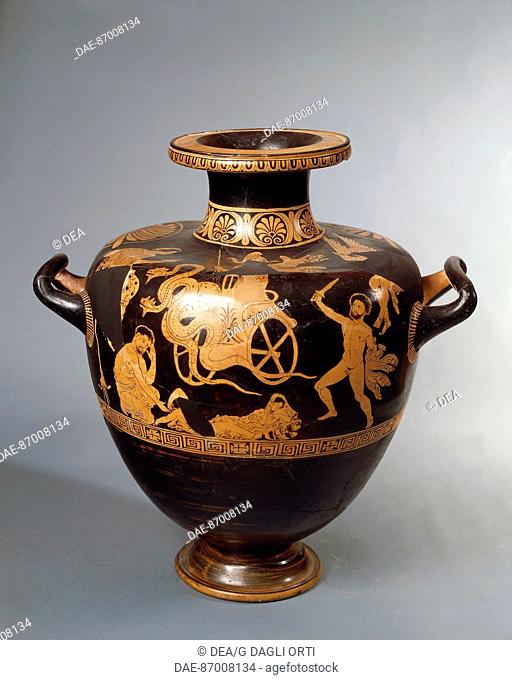Greek civilization, the fifth century BC red-figure pottery. Idria Painter of Policoro with the flight of Medea. Basilicata