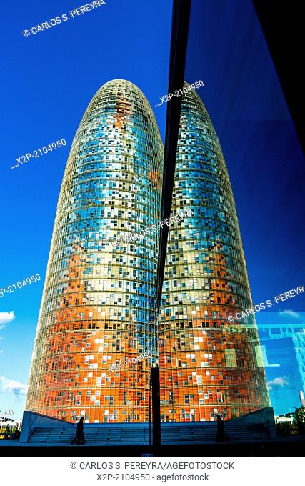BARCELONA, SPAIN : Torre Agbar in the Poblenou neighborhood in Barcelona, Spain. Owned by the Agbar Group, it is a 38-story skyscraper / tower and a famous...