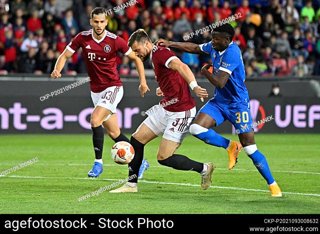 L-R Ondrej Celustka of Sparta and Fashion Sakala of Rangers in action during the UEFA Europa League 2nd round, group A match AC Sparta Prague vs Glasgow Rangers...