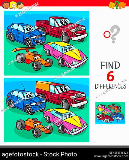 Cartoon Illustration of Finding Six Differences Between Pictures Educational Game for Children with Funny Cars