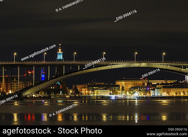 Stockholm, Sweden A view at night of the western bridge or Vasterbron