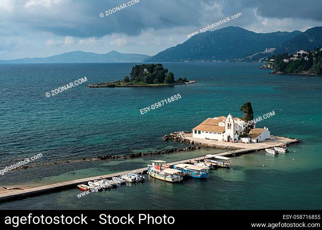 Vlacherna monastery and Mouse island off the coast of Corfu in Greece