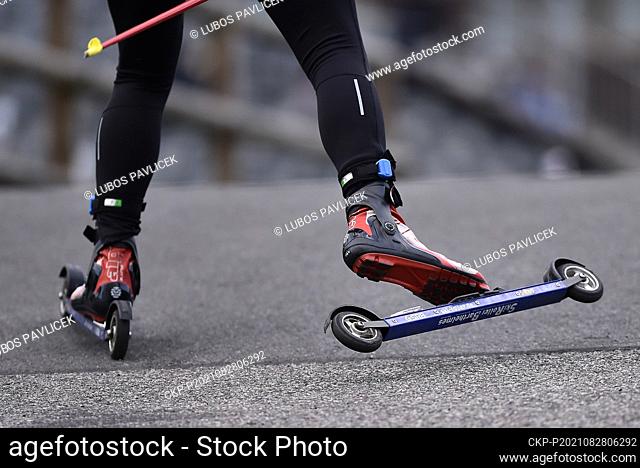 A biathlete with roller skis in action during the IBU Summer Biathlon World Championships, men’s 7, 5km sprint competition, on August 28, 2021