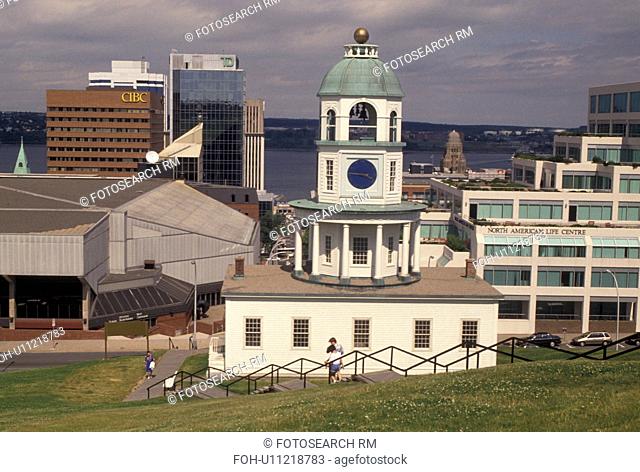 clock, Halifax, Nova Scotia, NS, Canada, Historic Town Clock ca. 1803 and downtown skyline of Halifax in Nova Scotia