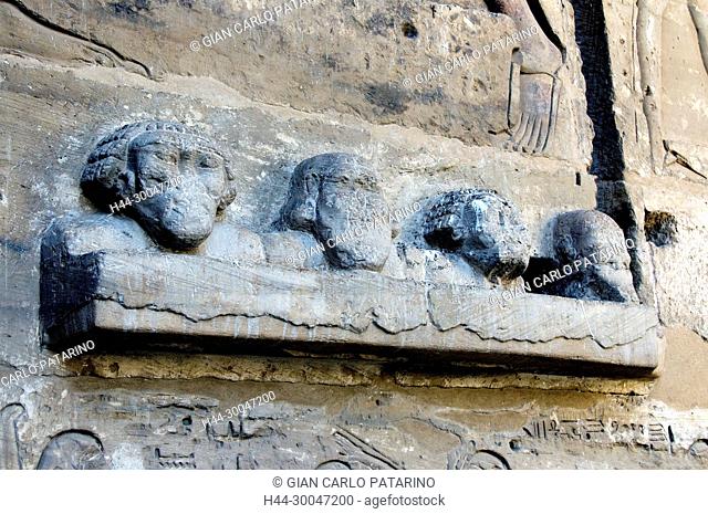 Medinet Habu, Luxor, Egypt, Djamet, mortuary temple of King Ramses III, XX dyn. 1185 -1078 B.C., : the heads of won enemies