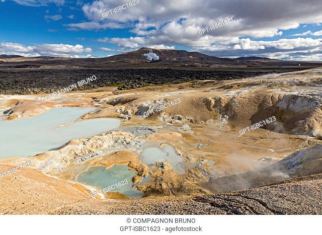 LEIRHNJUKUR, AN ACTIVE VOLCANO SITUATED TO THE NORTHEAST OF MYVATN LAKE IN THE KRAFLA VOLCANIC SYSTEM, THE HYDROTHERMAL FIELD HOLDS FUMAROLES AND PONDS OF MUD
