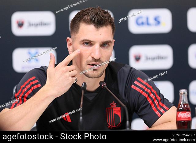 Belgium's Thomas Meunier pictured during a press conference of the Belgian national soccer team the Red Devils, at the Hilton Salwa Beach Resort in Abu Samra