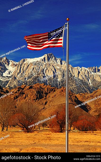 American Flag Flies Over The Alabama Hills and The Sierra Nevada Mountains
