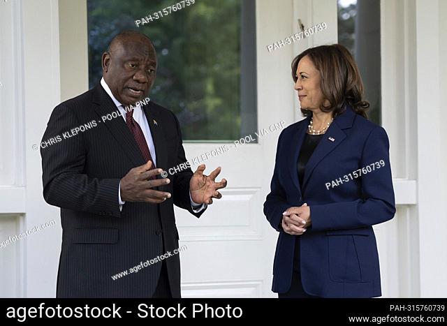 United States Vice President Kamala Harris and President Cyril Ramaphosa of South Africa chat before holding discussions at the Vice President’s Official...