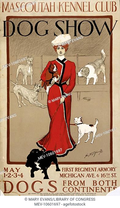 Mascoutah Kennel Club dog show. Dogs from both continents. Poster showing a woman with dogs at the Mascoutah Kennel Club's dog show. Date 1901