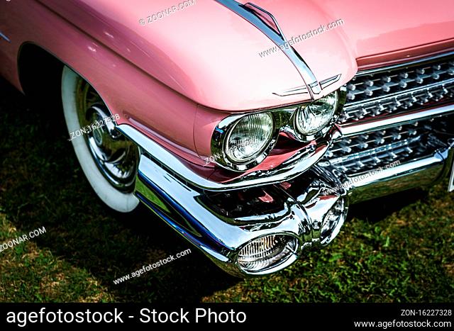 DIEDERSDORF, GERMANY - AUGUST 30, 2020: The fragment of the front part of the full-size luxury car Cadillac Series 62 (sixth generation), 1959