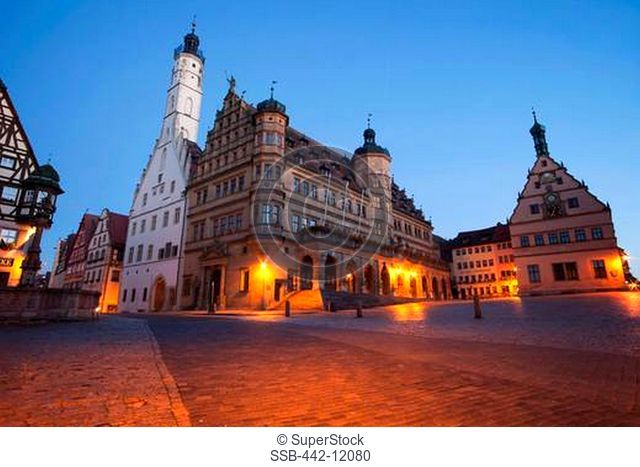 Buildings in a city at dusk, Rothenburg, Franconia, Bavaria, Germany
