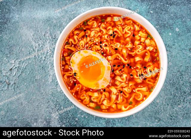 Bowl of Ramen - Japanese noodle soup: top view