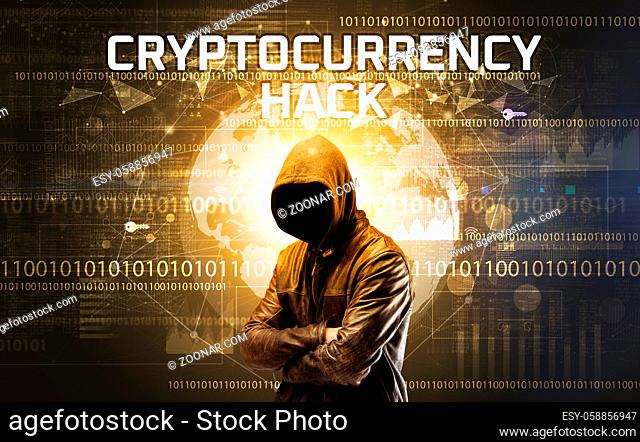 Faceless hacker at work with CRYPTOCURRENCY HACK inscription, Computer security concept