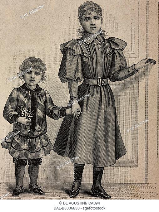Outfit for 3 to 5-year-old boys and dress for 9 to 11-year-old girls, creations by the Magasins du Louvre, engraving from La Mode Illustree, n 51, December 17