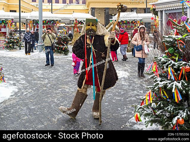 Moscow, Russia - February 11, 2018: Mummers on Shrovetide festivities. Moscow, Revolution Square