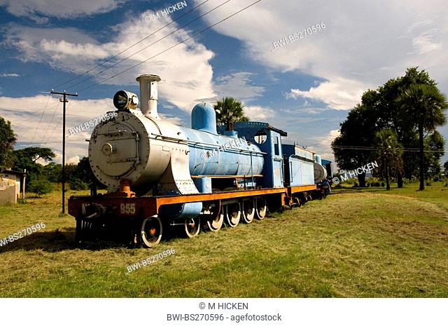historical steam locomotive in the meadow of a open-air museum, Zambia