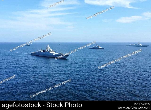 MARCH 18, 2023: Seen in this video screen grab are ships during a joint naval drill in the Gulf of Oman. Naval forces of China, Russia