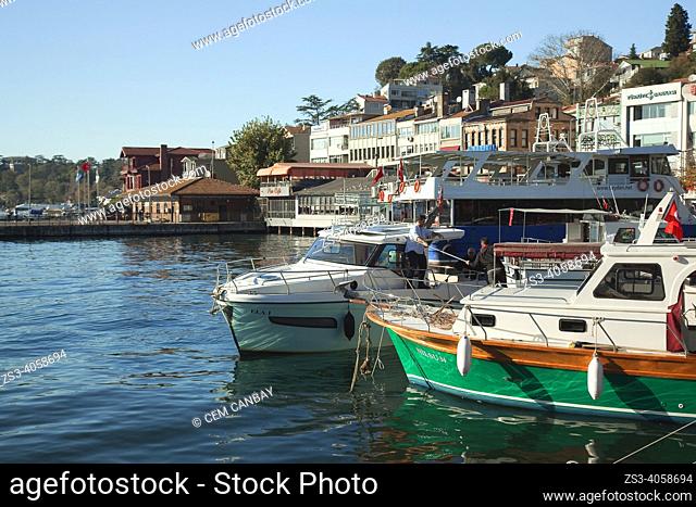 View of the private boats and traditional seaside residences in Beykoz village, a neighbourhood on the Asian side of the Bosphorus in Beykoz district, Istanbul