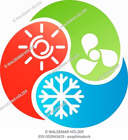 Three drops with sun, snowflake and fan, air conditioning logo