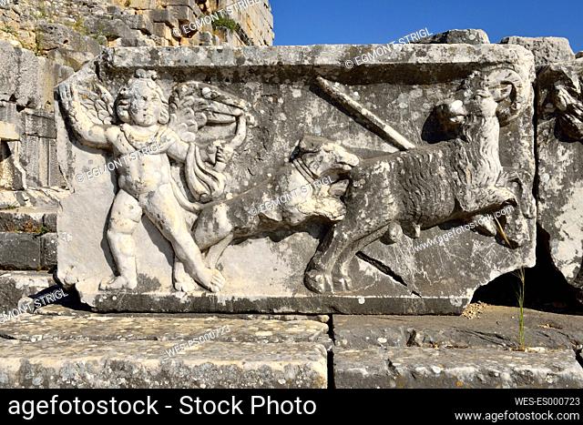 Turkey, Aydin Province, Caria, antique marble frieze of a hunting putto, archaeological site of Miletus