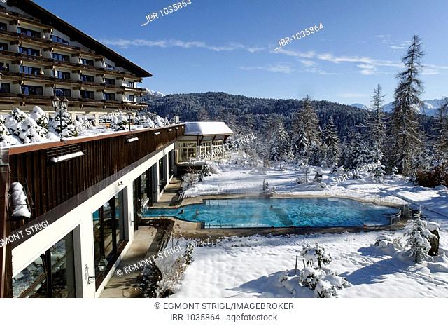 Luxury Interalpen Hotel, 5 stars, near Seefeld, Telfs, in winter with a pool, Tyrol, Austria, Europe